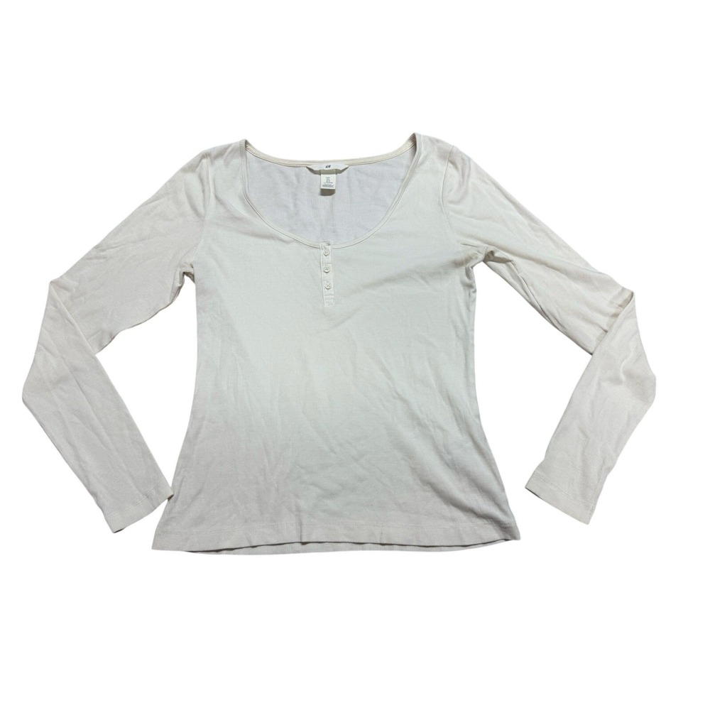 H&M Ribbed Long Sleeve Henley Top Women Large Cream Scoop Neck Basic